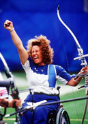 Paola Fantato of Italy celebrates during the Woman's Individual Archery at the 2000 Paralympic Games.  Adam Pretty/Allsport