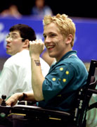 Scott Elsworth of Australia celebrates his win after his match against F. Bourbonniere at the Boccia during the Sydney 2000 Paralympic Games.  Scott Barbour/Allsport